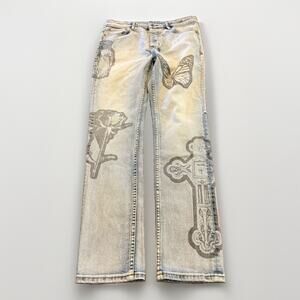 Ksubi Mens Blue Chitch Kit Out Graphic Cross Butterfly Roses Print Jeans Size 33